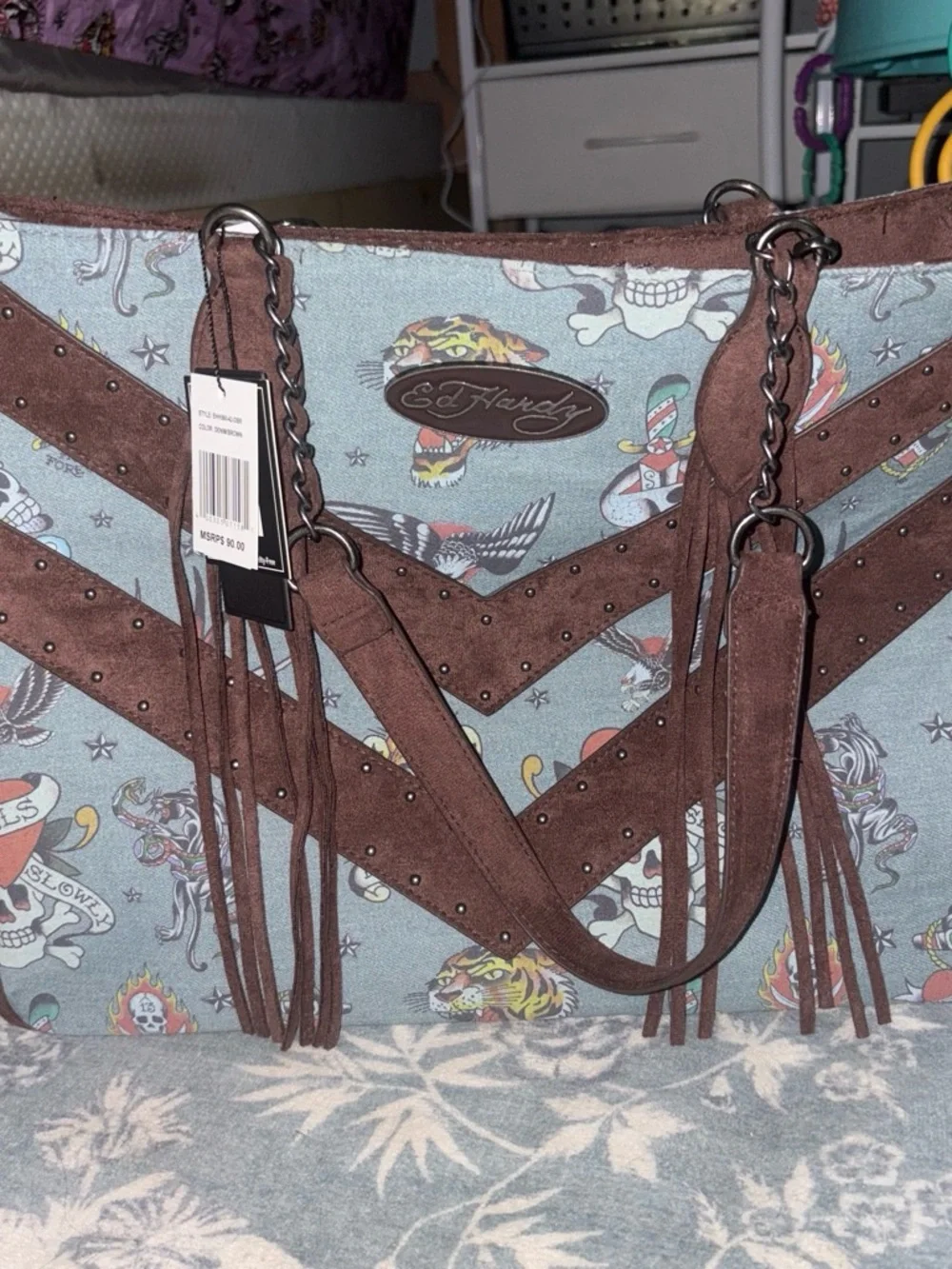 Ed Hardy Blue Printed Canvas Tote with Brown Suede Fringe